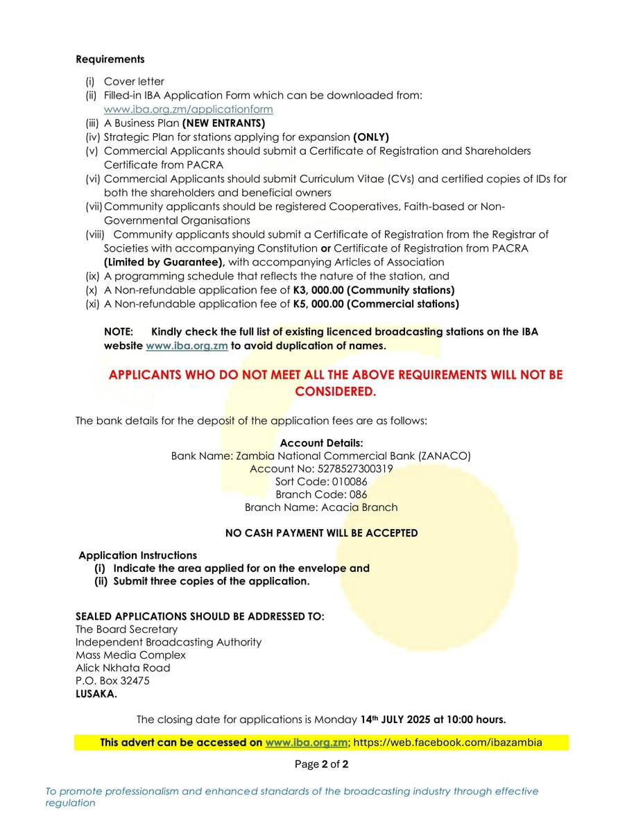 CALL FOR APPLICATIONS FOR THE PROVISION OF RADIO BROADCASTING SERVICES

More details available on iba.org.zm