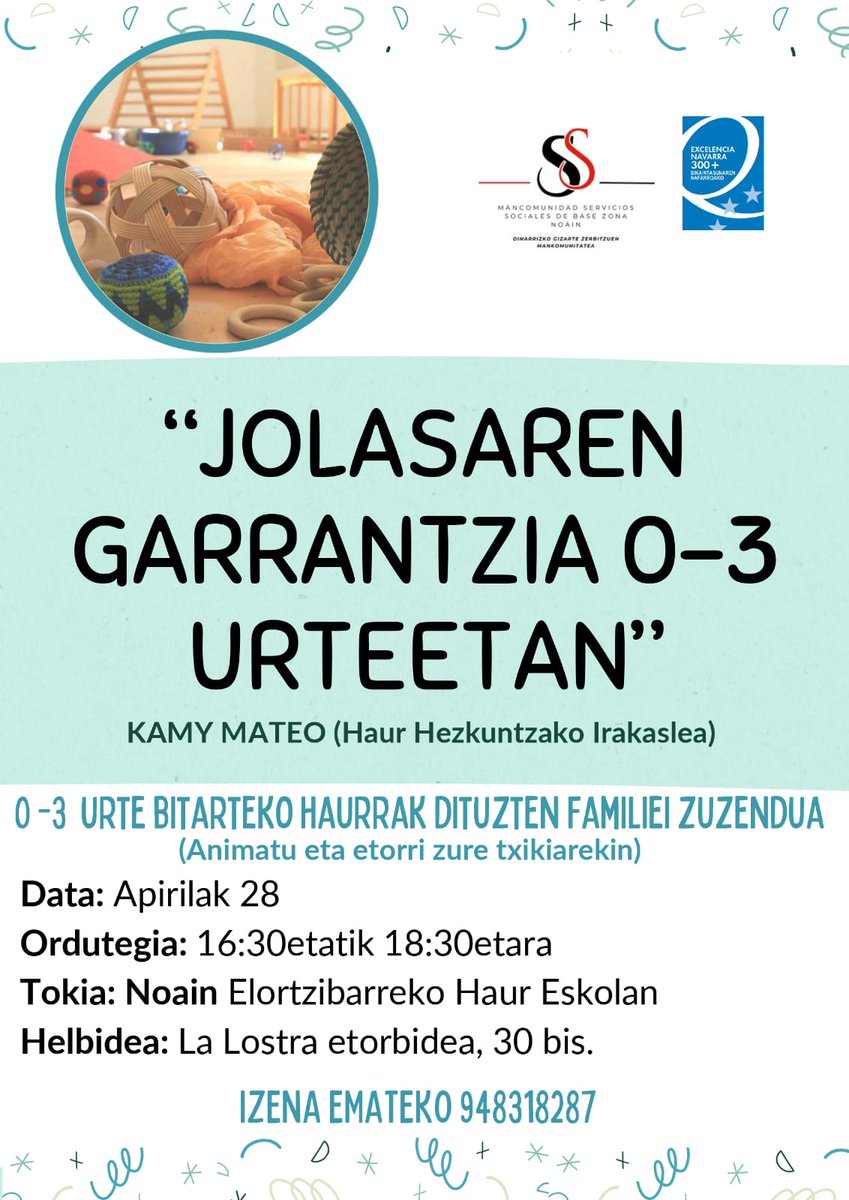 SSBNoain's tweet photo. 📢LA IMPORTANCIA DEL JUEGO📢
Taller dirigido a progenitores con menores de 0-3 años.
🏫 E.I Noain-Valle de Elorz
🗓️ 28 abril
📝 Inscripción 948318287
#Prevención #infancia https://t.co/QMfddua2mA