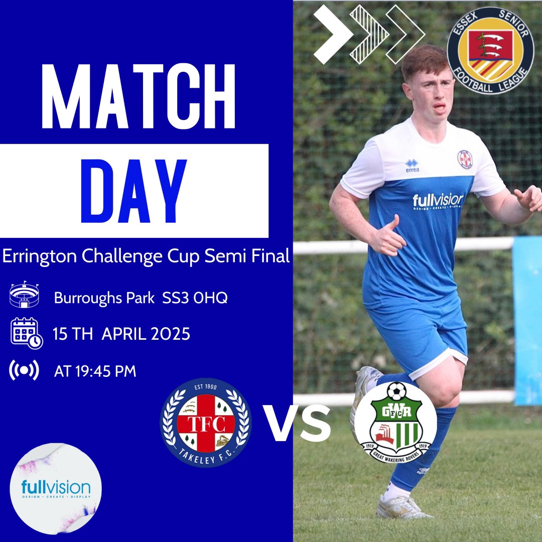 Takeley_FC (@takeley_fc) on Twitter photo It’s MATCH DAY <a href="/EssexSenior/">Essex Senior League</a> Errington Cup Semi Final
🆚 <a href="/GWRovers/">Gt Wakering Rovers</a>
🏆 Errington Challenge Cup Semi Final
🏟 Burroughs Park
📍SS3 0HQ
⏱ 7.45pm
🎟Adults £10, concessions £6, kids £2 It’s MATCH DAY <a href="/EssexSenior/">Essex Senior League</a> Errington Cup Semi Final
🆚 <a href="/GWRovers/">Gt Wakering Rovers</a>
🏆 Errington Challenge Cup Semi Final
🏟 Burroughs Park
📍SS3 0HQ
⏱ 7.45pm
🎟Adults £10, concessions £6, kids £2