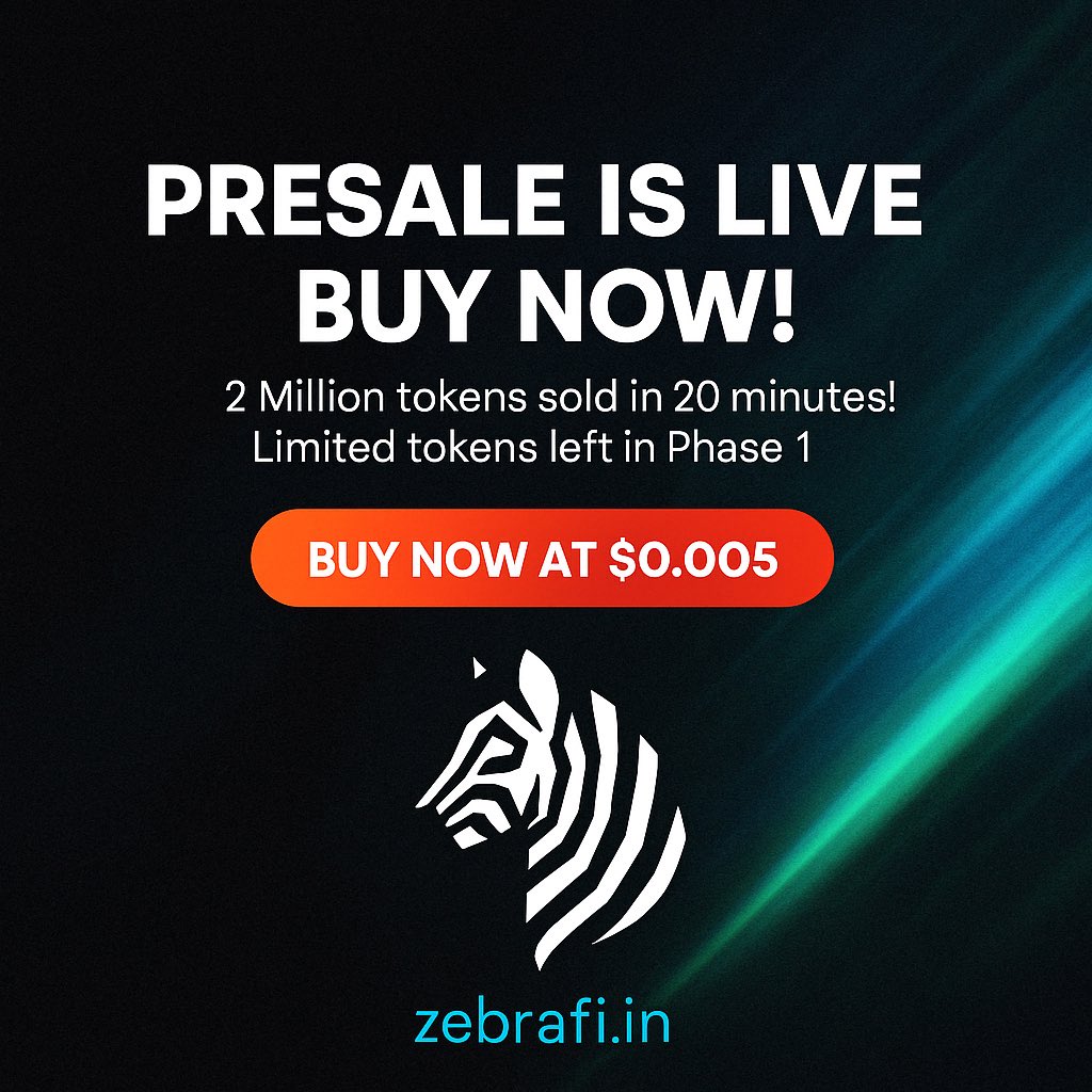 Zebrafi_token's tweet photo. 2 MILLION $ZRFI SOLD in just 20 minutes!
The ZebraFi presale is ON FIRE — Phase 1 is almost out!

Buy now at $0.005 before the price increases.
This is your early entry to a 100x opportunity!

BUY NOW: https://t.co/EcNttjpwuz

#ZebraFi #ZRFI #CryptoPresale #DeFi #BNB #ETH #USDT https://t.co/075cCwmqwW