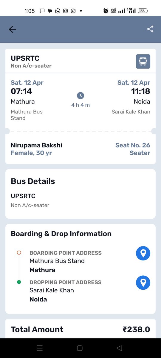 nirupamabakshi's tweet photo. @goibibo @GoibiboSupport inspite of raising my issue with customer care thrice you guys can't understand that you had taken booking and money for my travel to Noida for a @UPSRTCHQ bus that doesn't even run at 7.14 am. I had to take another bus &amp; pay again. @consumercourtin https://t.co/3IYZytcSRQ