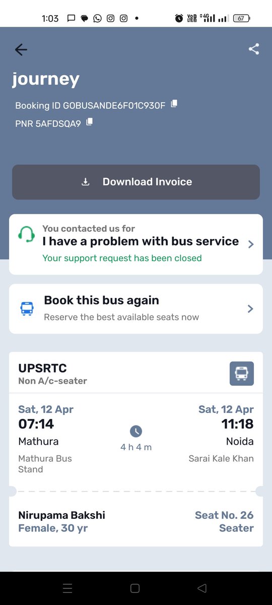 nirupamabakshi's tweet photo. @goibibo @GoibiboSupport inspite of raising my issue with customer care thrice you guys can't understand that you had taken booking and money for my travel to Noida for a @UPSRTCHQ bus that doesn't even run at 7.14 am. I had to take another bus &amp; pay again. @consumercourtin https://t.co/3IYZytcSRQ