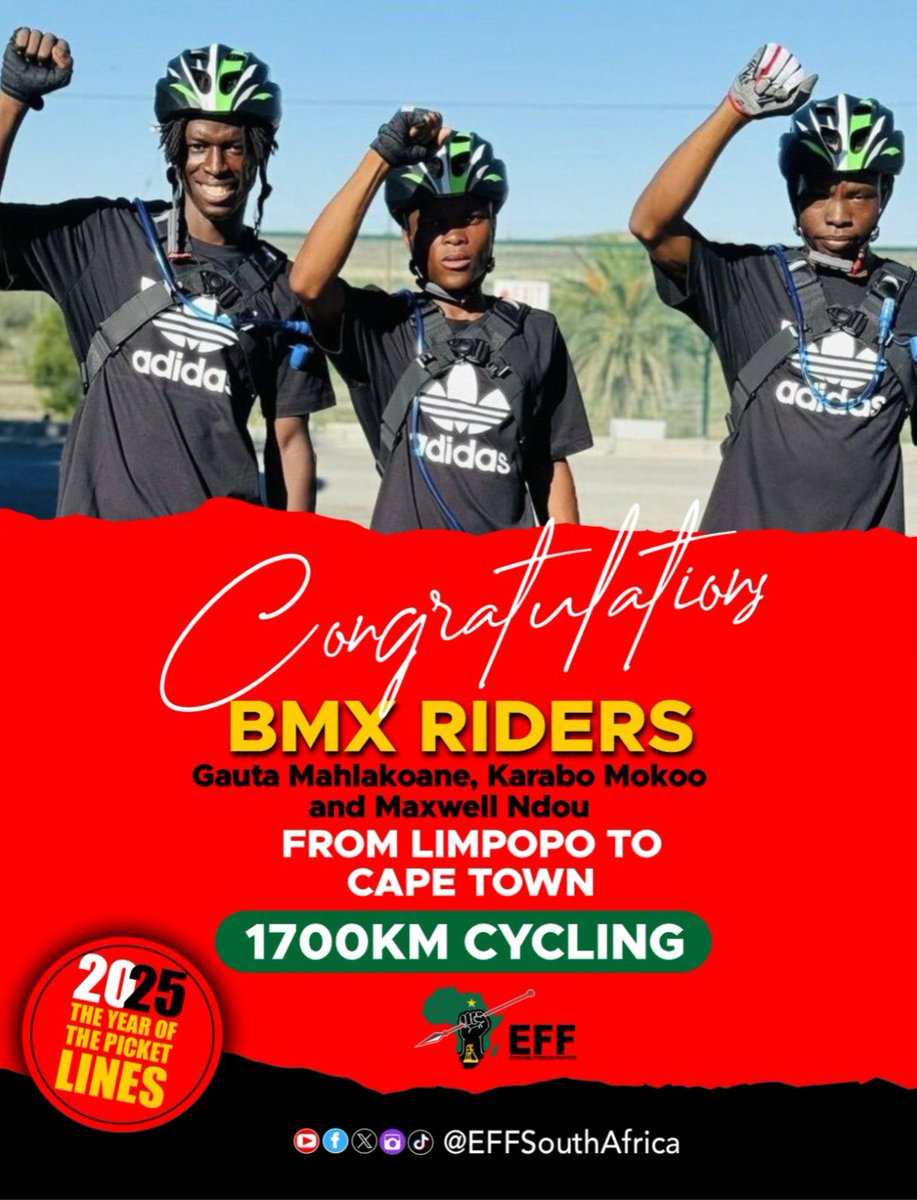 EFFSouthAfrica's tweet photo. The EFF congratulates BMX Riders, Gauta Mahlakoane, Karabo Mokoo, and Maxwell Ndou on their incredible cycling journey from Limpopo to Cape Town. 

Their inspiring effort aims to raise funds and awareness for their community bike club, which empowers youth to stay away from crime and drugs.

We salute their courage, determination, and commitment to empowering their community.