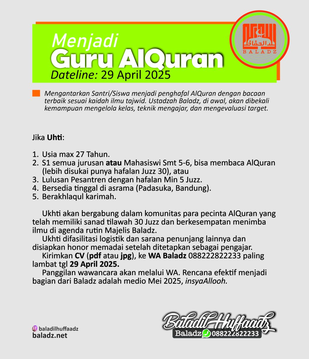 baladz_id's tweet photo. Loker Guru AlQuran. Ukhti. S1. SLTA. DIfasilitasi logistik dan hinir memadai. Bersedia berasrama di Bandung. Kirim CV ke WA Baladz.

#loker #gurualquran #lowongan #vacancy #guruagama #guru #lowongankerja #gurutk #carikerja #infokerja #gurubandung #ruangguru #tenagapendidik https://t.co/djPAwN4qsD