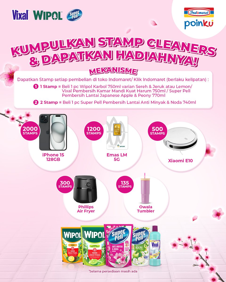 Indomaret's tweet photo. 📢 Buibu~ Mau dapetin handphone baru atau emas ⁉️ Yuk kumpulkan Stamp Cleaners dan tukarkan dengan hadiah menarik! 🎁✨

Cek info selengkapnya di aplikasi Indomaret Poinku.
📆 Periode: 1 April - 31 Mei 2025

#Indomaret #IndomaretPoinku #StampPoinku #Vixal #Wipol #SuperPell https://t.co/dHOsSaDkBx