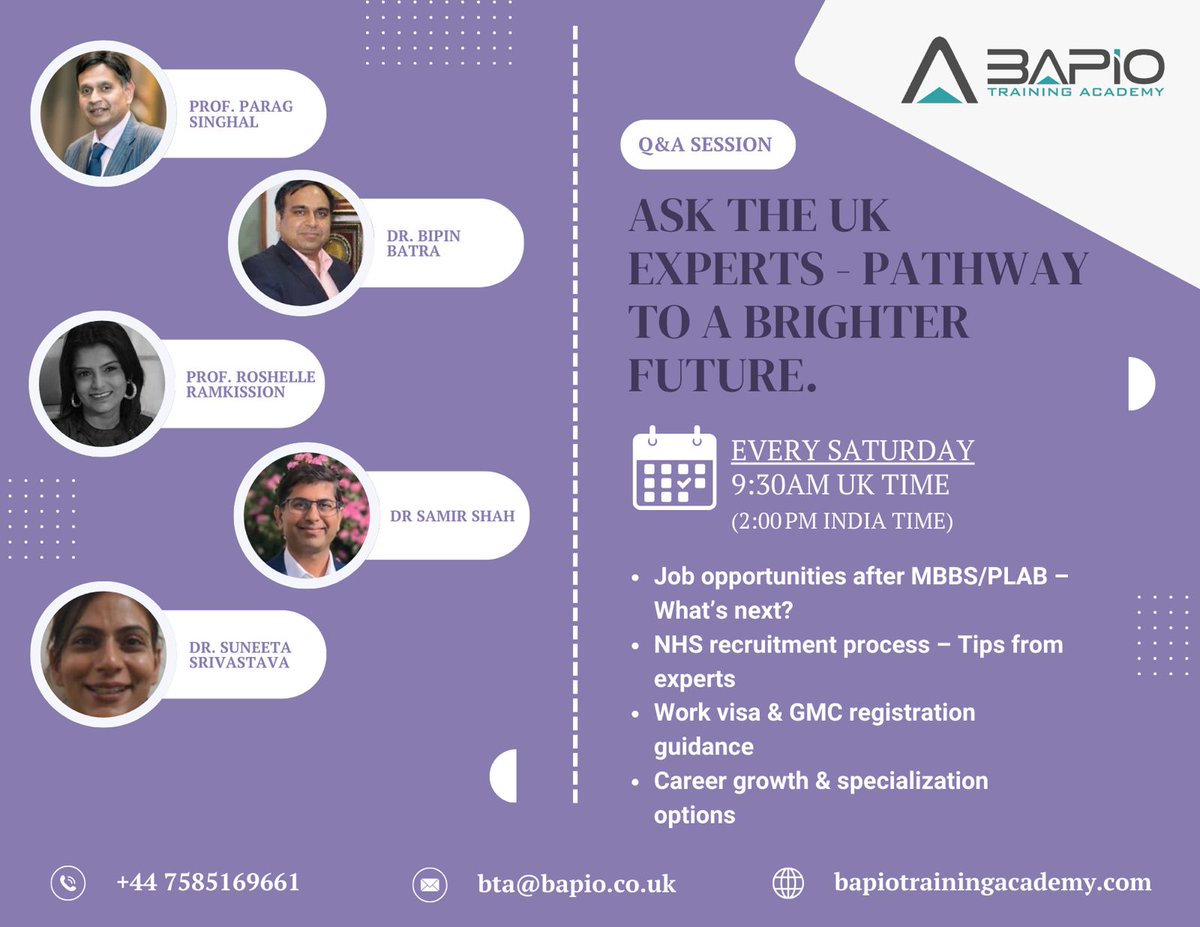 BAPIO Training Academy (@bapiota) on Twitter photo 🌍 Want to work as a doctor in the UK? Join BAPIO’s weekly Q&A for expert tips on career after MBBS/ PLAB, NHS jobs, GMC registration, visas & career growth! 🚀
🕰️ Note: Due to daylight saving time, the UK session remains at 9:30 AM (BST), but in India it’s now 2:00 PM IST 🌍 Want to work as a doctor in the UK? Join BAPIO’s weekly Q&A for expert tips on career after MBBS/ PLAB, NHS jobs, GMC registration, visas & career growth! 🚀
🕰️ Note: Due to daylight saving time, the UK session remains at 9:30 AM (BST), but in India it’s now 2:00 PM IST