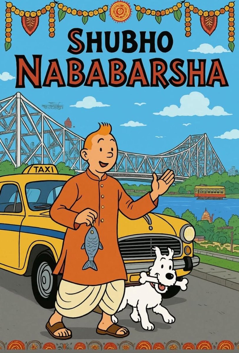 babubasu's tweet photo. Of all the Bangla New Year greetings circulating, for me this one takes the cake &amp; bakery &amp; whole mishtir bhandaar ! 🙏🤗
A big kola kuli to whoever did it. Now if only there were a modern day Herge to write a Tintin in Kolkata 😅 https://t.co/3wlV4DSvux