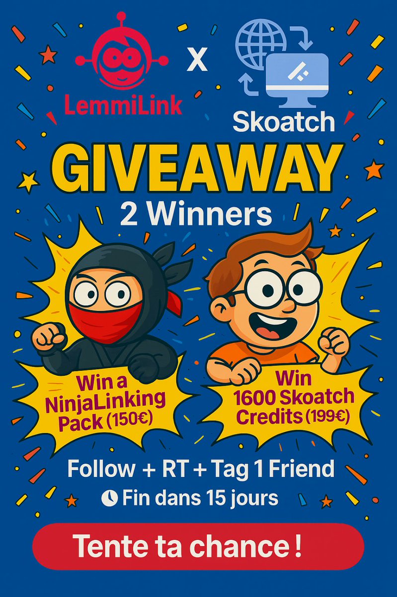 LemmiLink 🔗 Plateforme d'achat & de vente de lien (@lemmilink) on Twitter photo 🎉 GIVEAWAY LemmiLink x Skoatch ! 🎉
On s'associe avec <a href="/SkoatchAI/">Skoatch, vos articles complets en quelques minutes</a> pour booster votre SEO 🚀
🏆 1er gagnant : 🔹 Pack NinjaLinking : 10 liens NinjaLinking (valeur 150€) +
🔹 1600 crédits Skoatch pour vos contenus (valeur 199€)
🏅 2ᵉ gagnant : 🔹 Starter Pack Skoatch : 300 🎉 GIVEAWAY LemmiLink x Skoatch ! 🎉
On s'associe avec <a href="/SkoatchAI/">Skoatch, vos articles complets en quelques minutes</a> pour booster votre SEO 🚀
🏆 1er gagnant : 🔹 Pack NinjaLinking : 10 liens NinjaLinking (valeur 150€) +
🔹 1600 crédits Skoatch pour vos contenus (valeur 199€)
🏅 2ᵉ gagnant : 🔹 Starter Pack Skoatch : 300