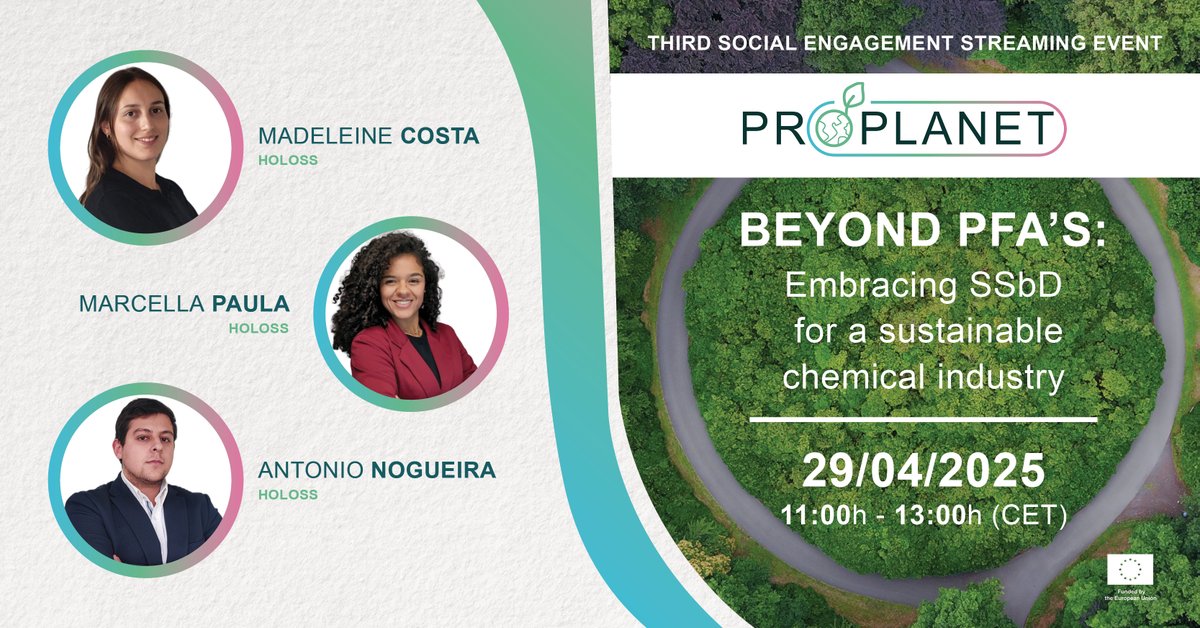 PROPLANETeu's tweet photo. 📢 Updates on the presenters or our 3rd @PROPLANETeu Project streaming event! 🌟🎉 We are thrilled to announce that Madeleine Costa, Marcella Paula, and António Nogueira will represent #PROPLANET, sharing presentations on:
• The importance of addressing #PFAS 🌍✨
• Developments in the PROPLANET project 🌱💡
• Introduction to the event topic 🌐
🌱 HOLOSS leads the #Sustainability and #Toxicological assessments in PROPLANET, as well as the social engagement activities, and are the organisers behind this exciting event.
📝 Register now: https://t.co/bHpzzZVGE7!
#HorizonEurope #SSbD #Presenters #StakeholdersEngagement