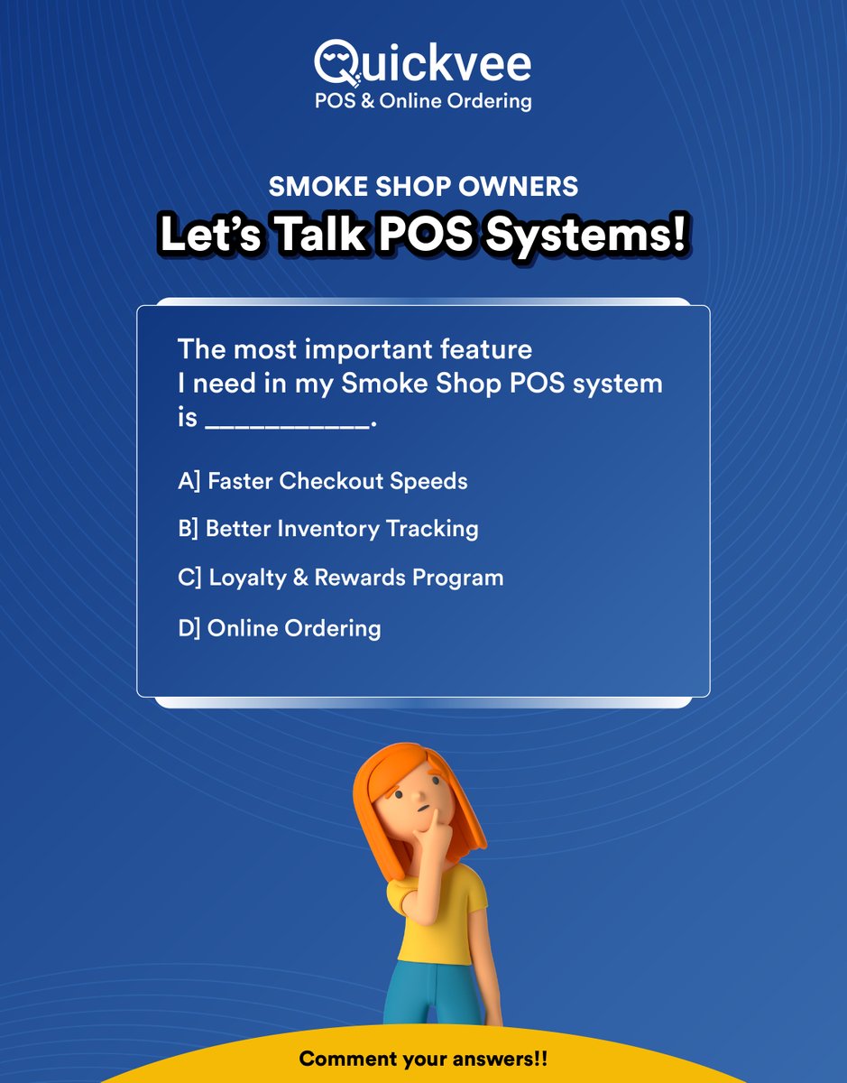 quickvee's tweet photo. If you could add ONE must-have feature to your Smoke Shop POS system, what would it be? 📷
Comment below & let’s see what’s most important for your business!
#SmokeShopPOS| #BusinessGrowth |#RetailTech |#POSFeatures | #SmokeShopSuccess https://t.co/yFYAOK8c0h