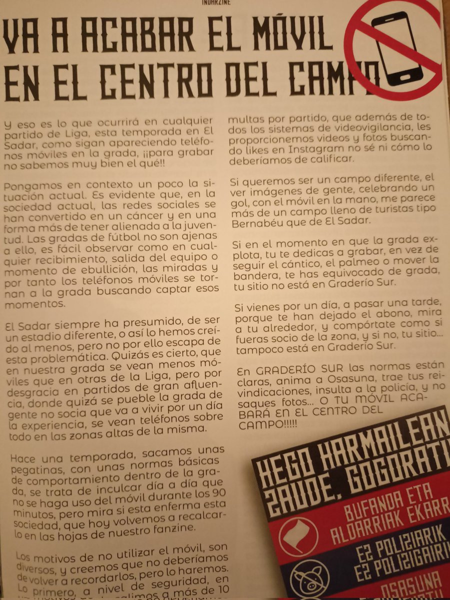 bizitzabasatia's tweet photo. La temporada pasada en el fanzine de IG, se publicaba esto.Parecía algo erradicado,pero al parecer no está del todo claro.Como siga la costumbre de algunos "youtubers" en Graderío Sur, acabará algún móvil en el centro del campo. https://t.co/CIHHfodkMx