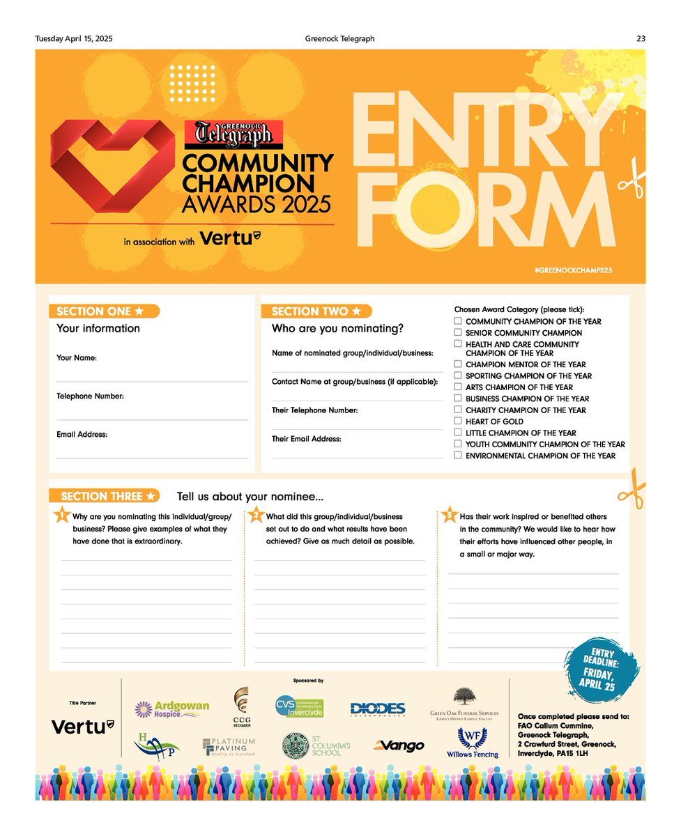 Newsquest Events Scotland (@newsquestevents) on Twitter photo 🗞️ Pick up today’s <a href="/greenocktele/">Greenock Telegraph</a> to find a full-page entry form for the Greenock Telegraph Community Champion Awards 2025, in association with <a href="/MacklinMotors/">Vertu (Formerly Macklin Motors)</a>!
Nominate today, to recognise the heroes of Inverclyde! 🗞️ Pick up today’s <a href="/greenocktele/">Greenock Telegraph</a> to find a full-page entry form for the Greenock Telegraph Community Champion Awards 2025, in association with <a href="/MacklinMotors/">Vertu (Formerly Macklin Motors)</a>!
Nominate today, to recognise the heroes of Inverclyde!