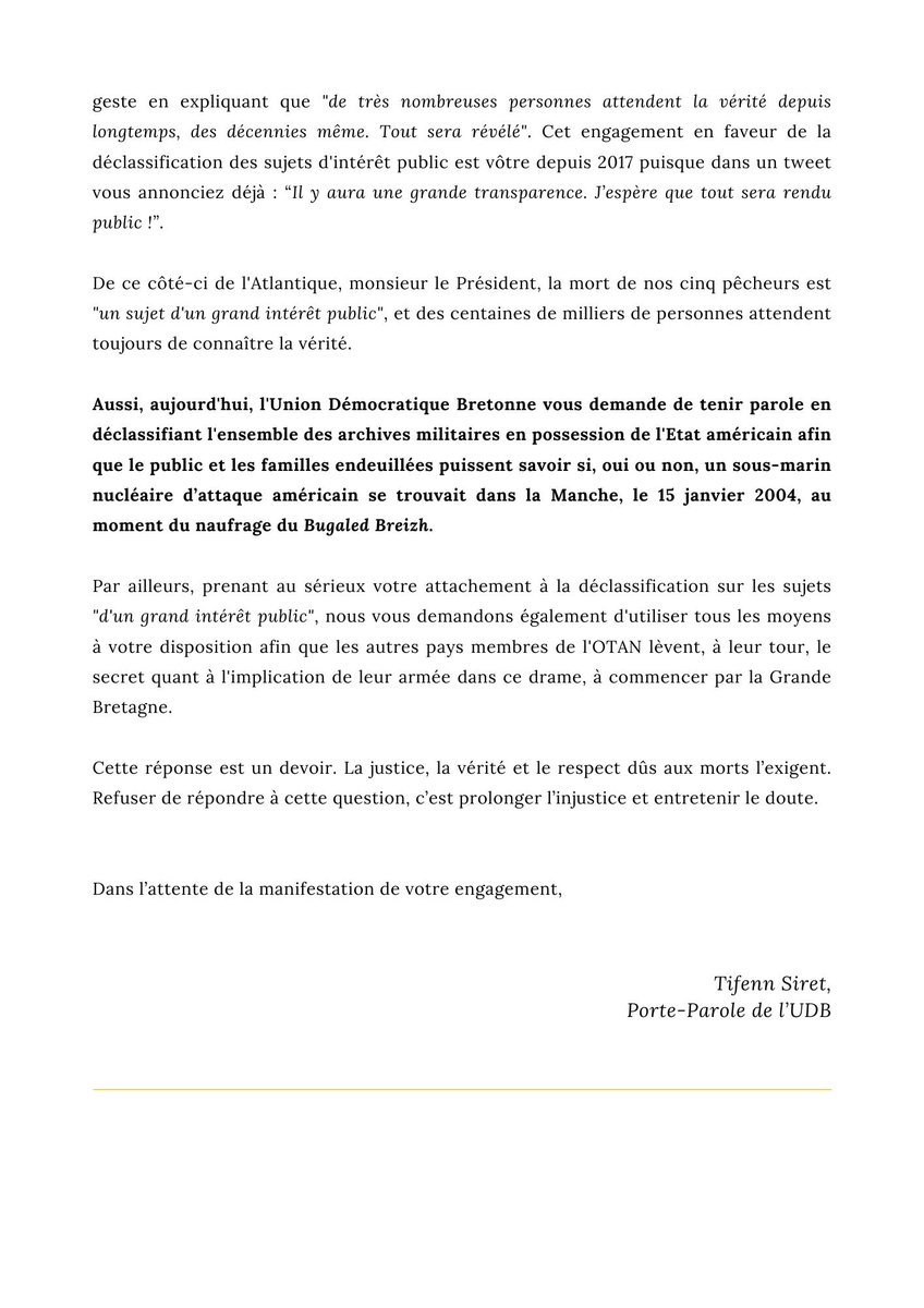 L’UDB adresse une lettre à Donald Trump : la vérité sur le naufrage du Bugaled Breizh doit éclater. Un SNA américain était-il en Manche ce jour-là ? 
Depuis 60 ans, l’UDB se bat contre la raison d’État et pour la transparence. Défendre la vérité, c’est défendre la démocratie.