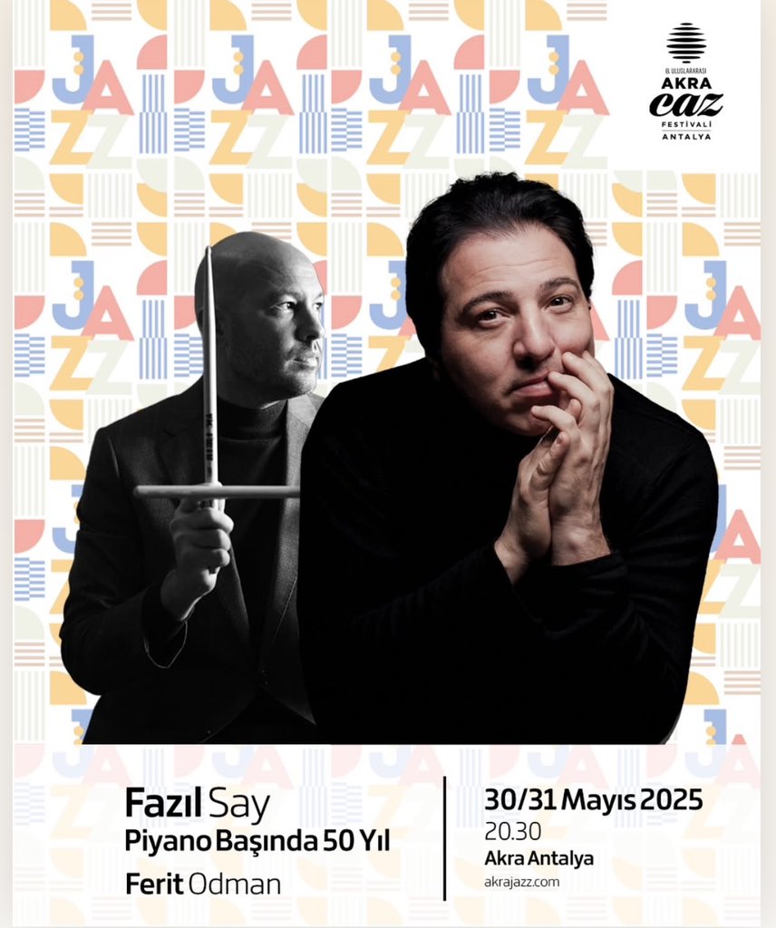 Fazıl Say (@fazilsaymusic) on Twitter photo Antalya <a href="/akrajazz/">Akra Caz Festivali</a> festivalinde 30/31 Mayıs’da <a href="/feritodman/">Ferit Odman</a> ile.
@fazilsayofficial Antalya <a href="/akrajazz/">Akra Caz Festivali</a> festivalinde 30/31 Mayıs’da <a href="/feritodman/">Ferit Odman</a> ile.
@fazilsayofficial