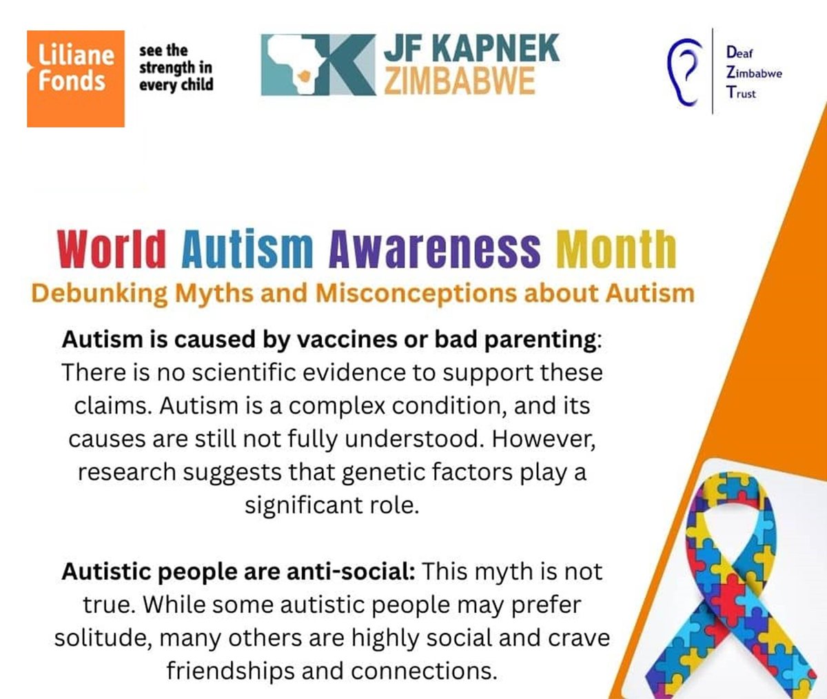 Deaf Zimbabwe Trust (@deafzimtrust) on Twitter photo World Autism Awareness Month
Debunking Myths and Misconceptions about Autism
Autism is caused by vaccines or bad parenting: There is no scientific evidence to support these claims. Autism is a complex condition, and its causes are still not fully understood.
<a href="/jfkapnekzim/">JF KAPNEK ZIMBABWE</a> World Autism Awareness Month
Debunking Myths and Misconceptions about Autism
Autism is caused by vaccines or bad parenting: There is no scientific evidence to support these claims. Autism is a complex condition, and its causes are still not fully understood.
<a href="/jfkapnekzim/">JF KAPNEK ZIMBABWE</a>