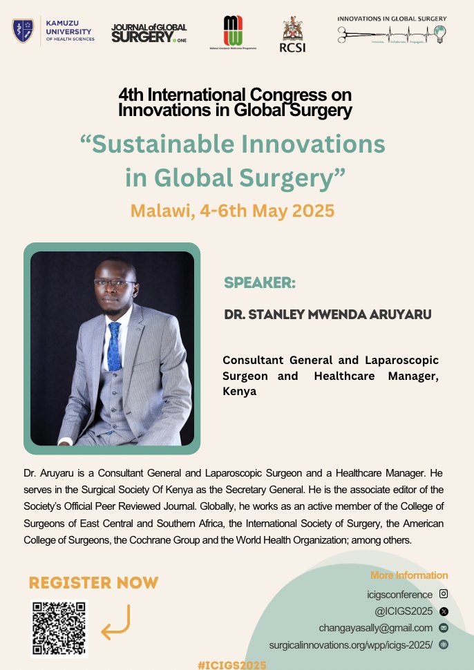 We’re honoured to welcome Dr Stanley Mwenda Aruyaru to #ICIGS2025 in Malawi! 🌍🩺