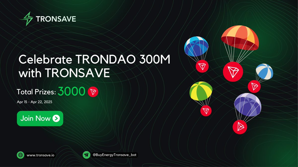 tronsave_io's tweet photo. 🎉TRONDAO Hits 300M Users! Join Tronsave’s Airdrop to Win from 3000 TRX!   🎉

TRONDAO just reached 300 MILLION users, and Tronsave is celebrating with YOU! Join now to claim your share of the 3000 TRX prize pool!

HOW TO JOIN:
 1️⃣ Sign up at https://t.co/HYyU7l3Aj5 & connect your wallet.
 2️⃣ Follow @Tronsave_io on X.
 3️⃣ Like this post & comment your TRON wallet address.
 4️⃣ Share this post with hashtags: #Tronsave #300MwithTronsave #TronDAO, tagging @trondao, @justinsuntron, @Tronsave_io.  

TOTAL PRIZES:  
✅First 100 valid users: 25 TRX each  
✅Top 3 highest-engagement shares:
🥇1st: 250 TRX
🥈2nd: 150 TRX
🥉3rd: 100 TR

TIME: April 15 - April 22, 2025

Don’t miss out! Join Tronsave now and make your TRON transactions faster & cheaper!

#TronSave300M #TRON300M #TronSave #Airdrop