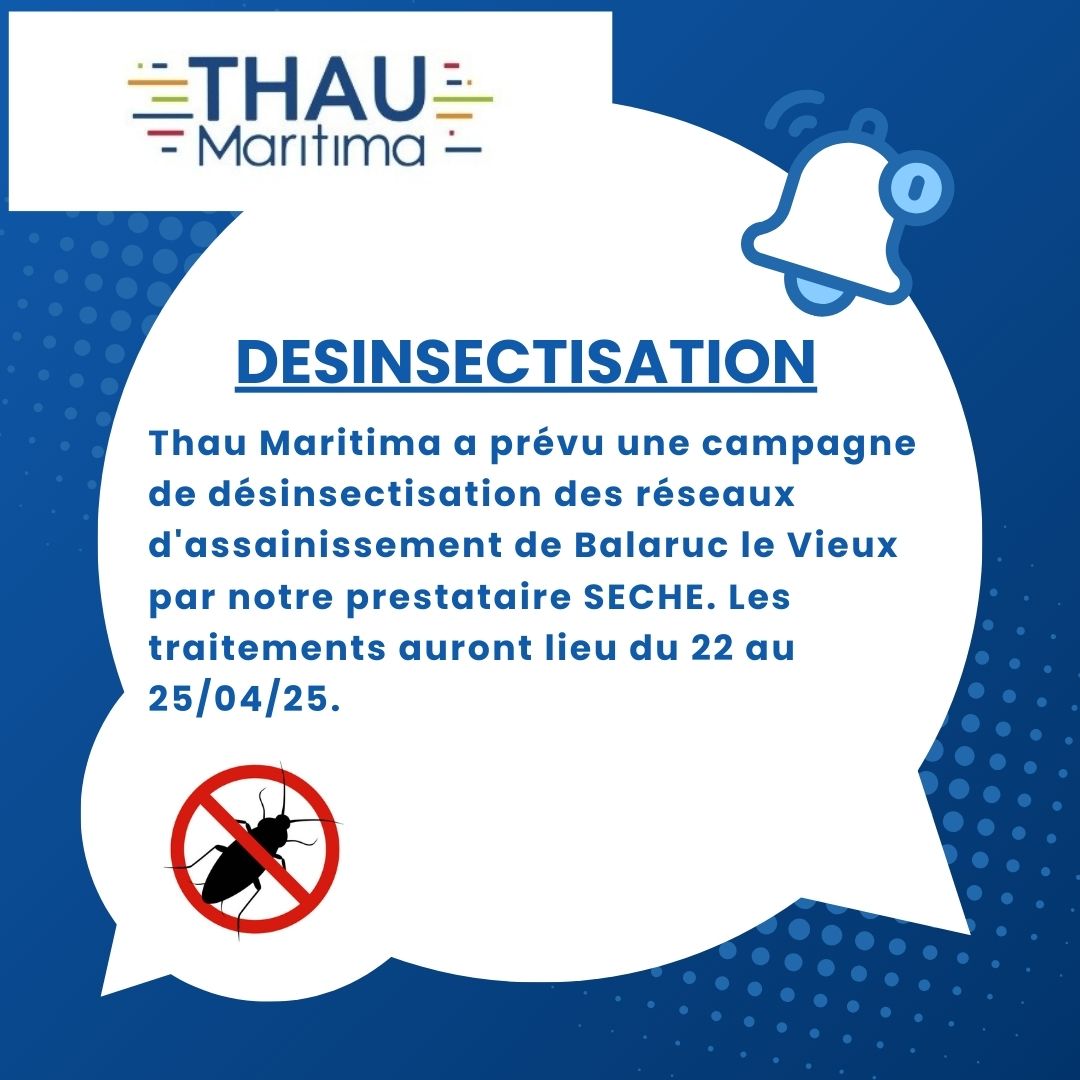 thau_maritima's tweet photo. Comme chaque année, Thau Maritima a prévu une campagne de désinsectisation des réseaux d'assainissement de la commune de Balaruc le Vieux par notre prestataire SECHE.
Les traitements auront lieu du 22 au 25/04/25.

@Sete_agglo_med
#ThauMaritima #suez #creatingcyclesforlife https://t.co/l01UNgkMBP