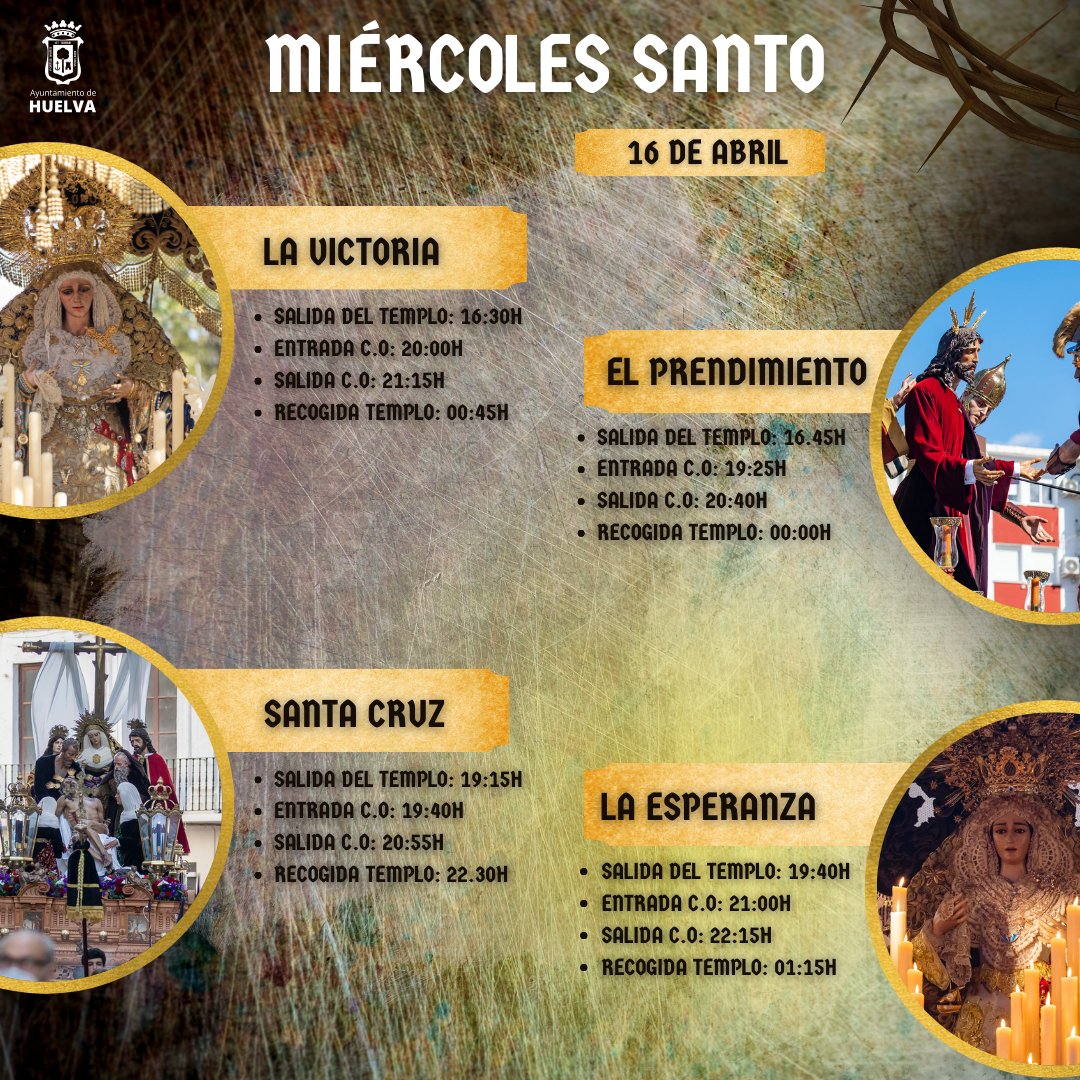 AytoHuelva's tweet photo. ✝️ Avanza la Semana Santa y llega el #MiércolesSanto, un día muy importante y emotivo para los cofrades de la ciudad de Huelva, donde se esperan las salidas de las hermandades de La Victoria, El Prendimiento, Santa Cruz y La Esperanza.

ℹ️ https://t.co/rht3dn7KSn

#SSHuelva25 https://t.co/19iPZ4O2cd