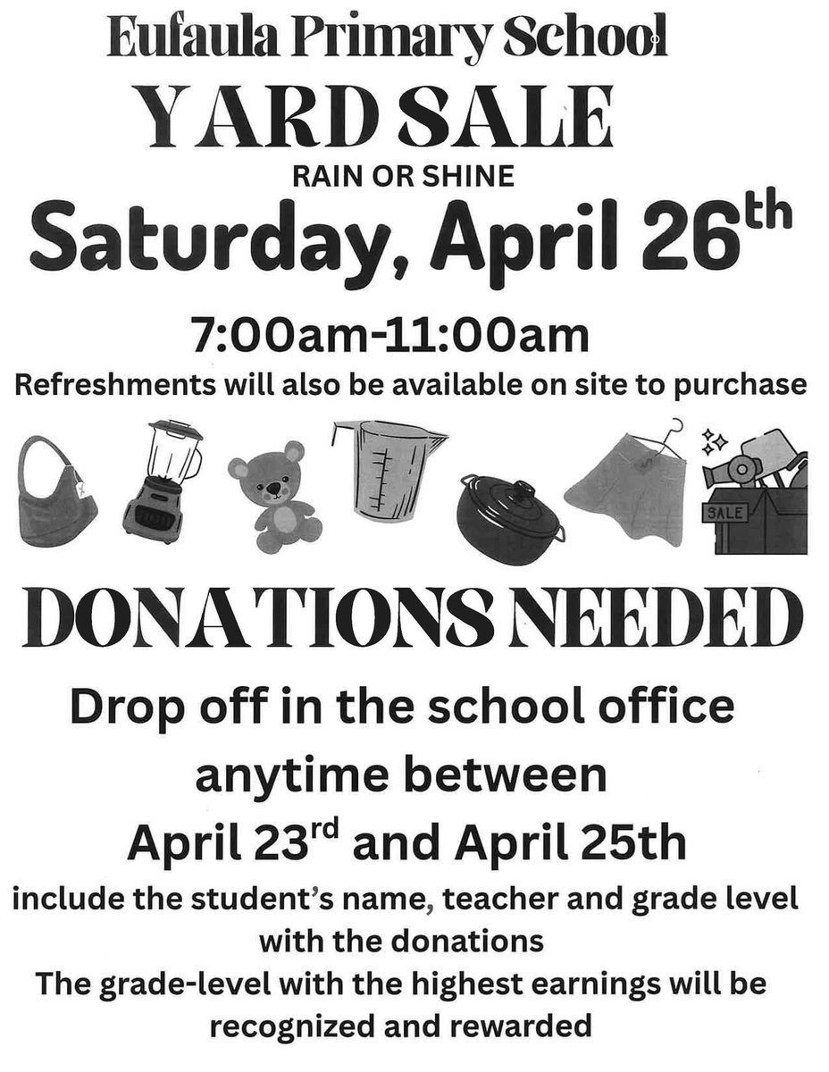 EufaulaPrimary's tweet image. The Eufaula Primary School will have a yard sale on Saturday, April 26th, from 7 a.m. - 11:00 a.m. Donations are needed and can be dropped off at EPS from April 23rd to April 25th. #WeAreECS #ExpectExcellence