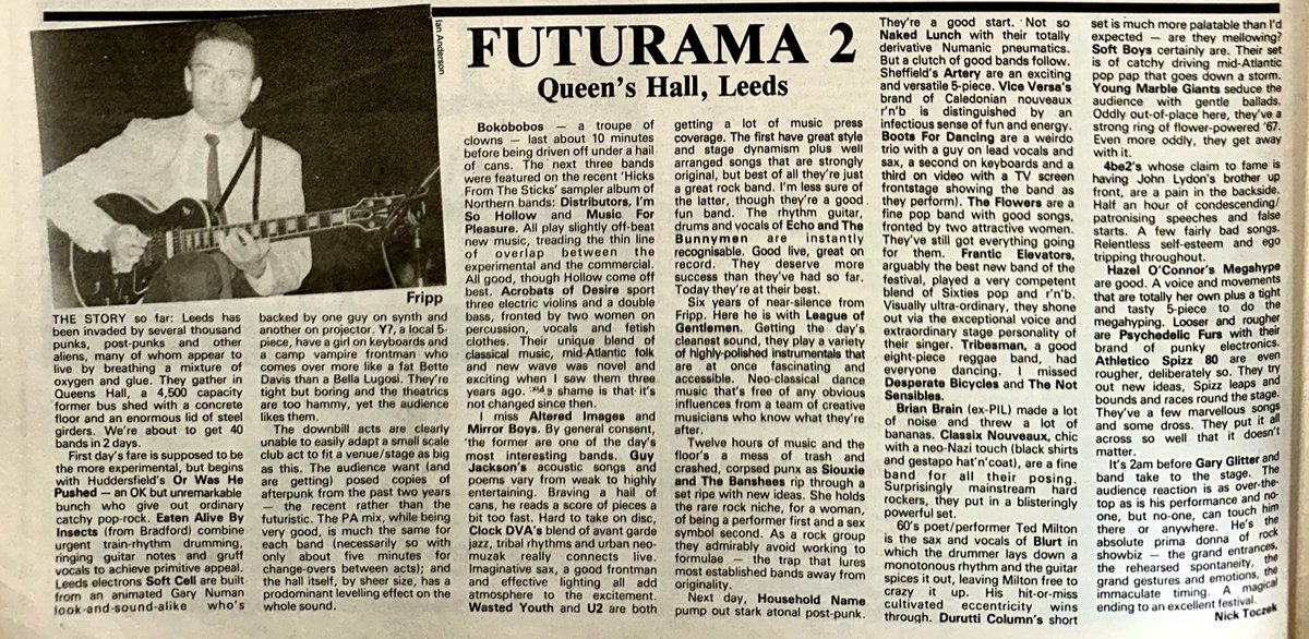 ZoundsAbound's tweet image. Nick Toczek is at Queens Hall in Leeds for Futurama 2, featuring 40 bands over 2 days including the likes of @softcellhq #ClockDVA @Bunnymen @siouxsieandtheb #FranticElevators @Hazel_OConnor &amp;amp; @pfurs 

Musicians Only Sep 27th 1980