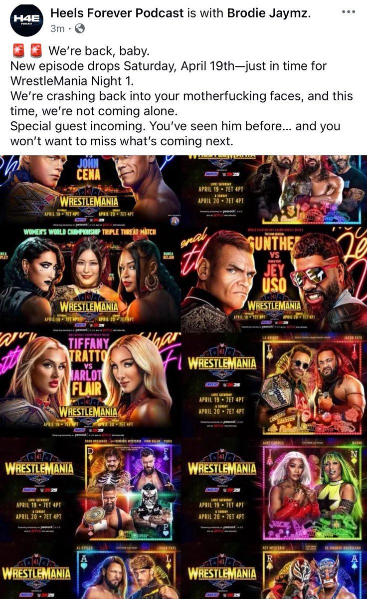 HeelsForeverPod's tweet image. We’re back, Jabronis! Tune in Saturday April 19th for our live stream during WrestleMania night 1!