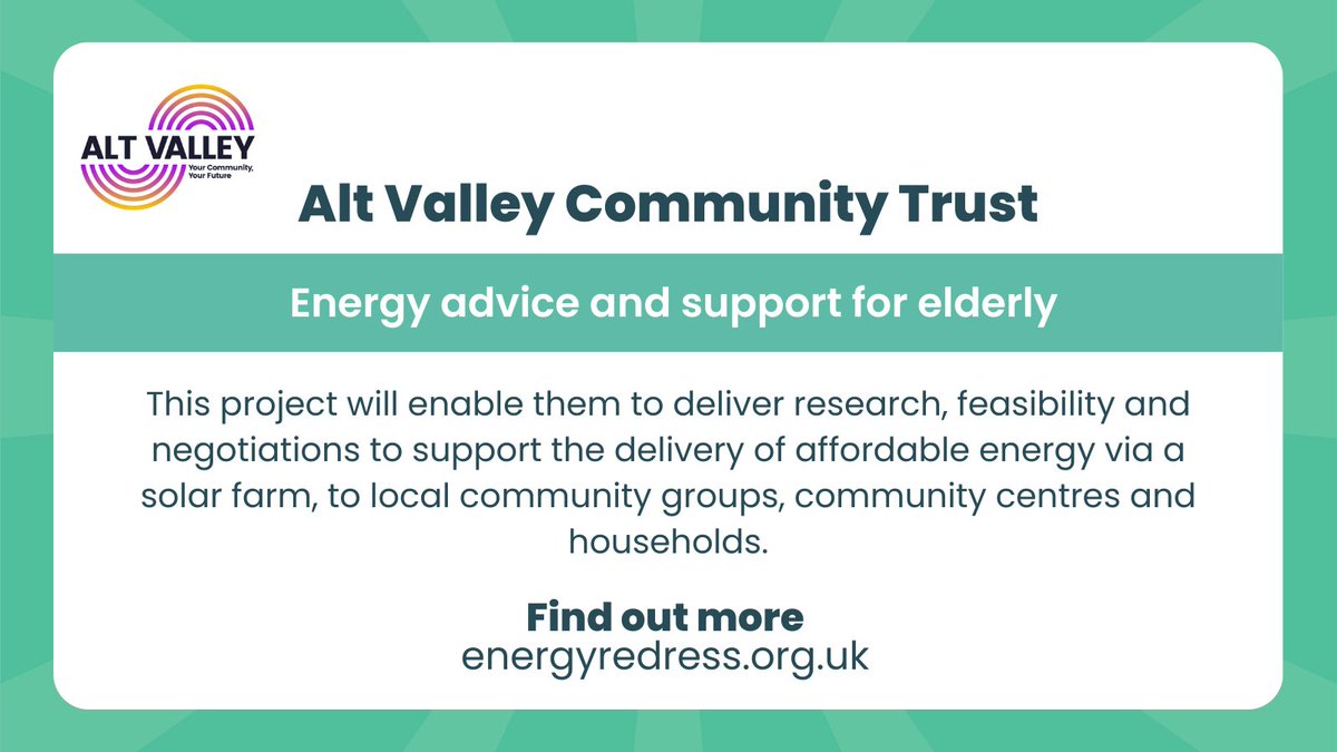 Congratulations to <a href="/AVCT/">Alt Valley Community Trust</a>, a grantee of our first Just Transition funding round.

This project will support the delivery of affordable energy via a solar farm, to local community groups and households.

👉 energyredress.org.uk/announcements/…