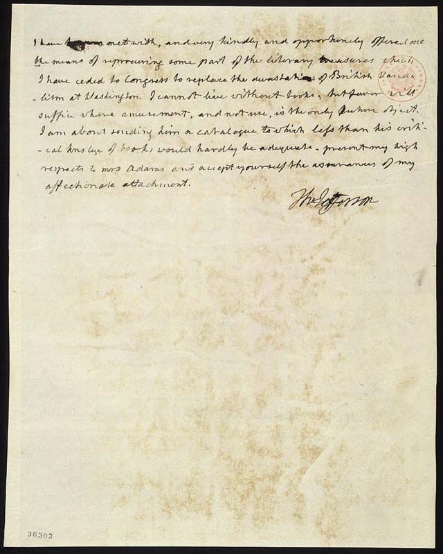 LibnOfCongress's tweet image. “I cannot live without books.” - Thomas Jefferson
From @librarycongress collection: In an 1815 letter to John Adams, Jefferson expressed his appreciation for and dependence on books. He believed books played a crucial role, in forming a well-rounded and informed citizenry.