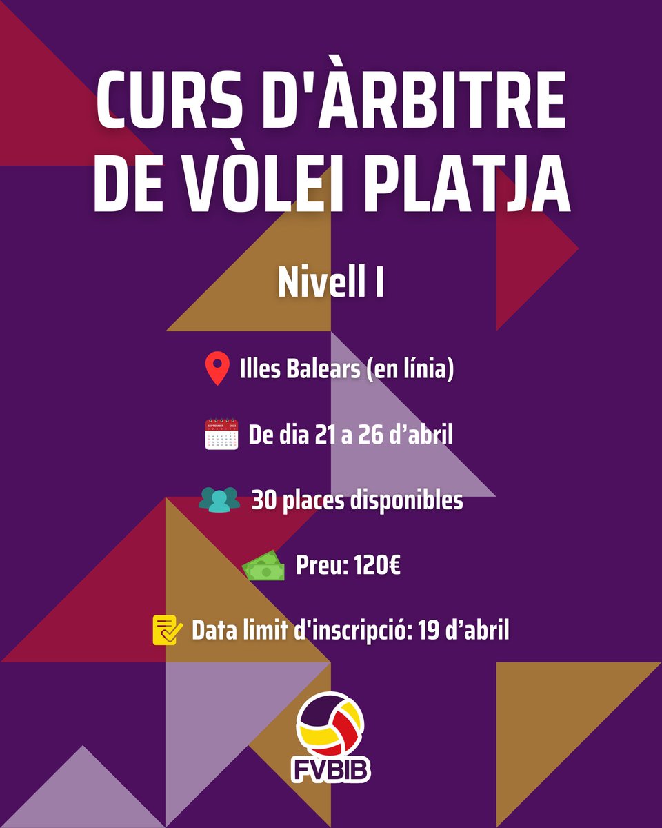 ✍🏽 Obertes les inscripcions per al curs d'àrbitre de vòlei platja nivell I

🧢 Xiula en aquesta temporada 𝟐𝟎𝟐𝟓 sobre la sorra illenca amb la formació organitzada per la FVBIB

🗓️ Del 21 al 26 d'abril
💻 En línia
📝 Inscriu-te a docs.google.com/forms/d/e/1FAI…

#VoleibolDeCaNostra