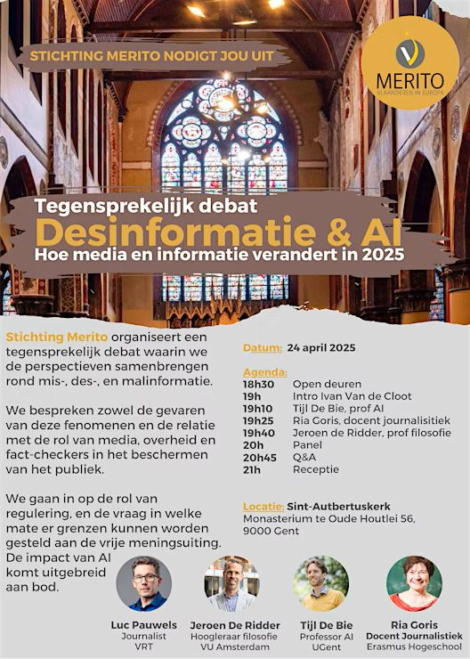 Desinformation en AI, een giftige mix?
Op 24/4 neem ik deel aan een debat hierover in Gent.

Over de dunne lijn tss #informeren &amp; #manipuleren, tss #reguleren &amp; #censureren.
Over #sociale vs #traditionele media.
Over de rol van #AI.

Registratie en meer info zie volgende post!