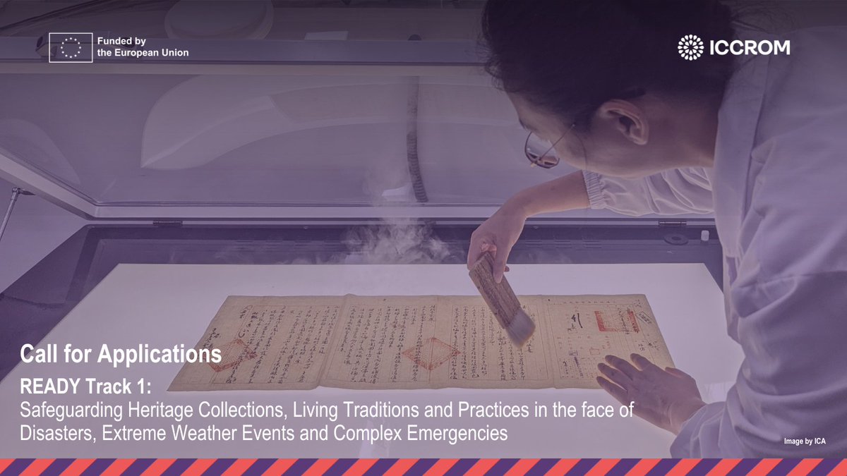 ICCROM's tweet photo. Archivists play a key role in safeguarding cultural memory, but collections face growing risks.
#READY, through #ICCROM's FAR programme, trains professionals to manage risks to heritage collections, living traditions, & knowledge systems in museums, libraries, archives, and places of worship.
Hybrid course fully funded. Apply by 20 April 2025!
https://t.co/26tZW27G6p
Eligibility: @europe_creative countries.
#READYHeritage #IAW2025 @ICArchiv