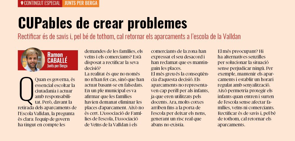A l’<a href="/AquiBergueda/">Aquí Berguedà</a> d’abril he escrit l’article “CUPables de crear problemes”, on poso a debat la retirada de places d’aparcament a la #Valldan.