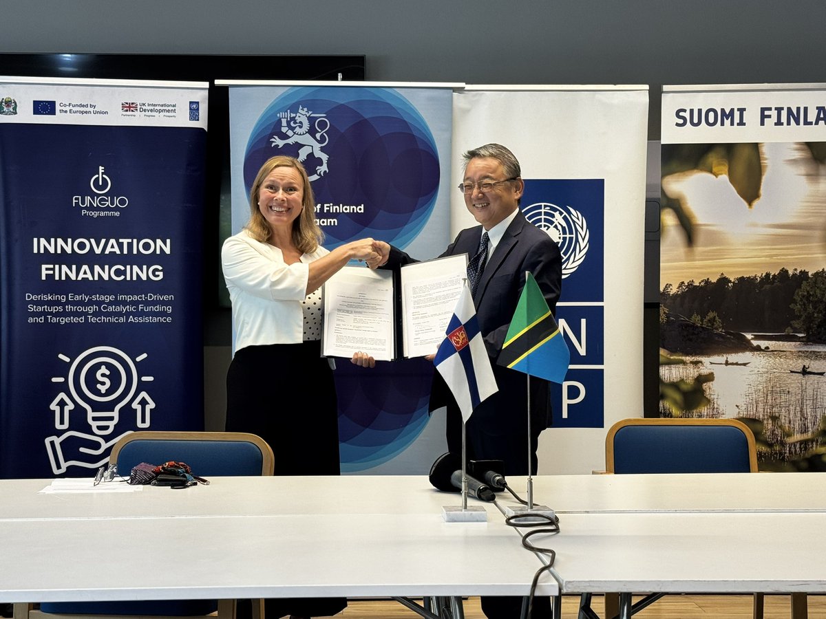 Funguo_Tz's tweet photo. Exciting milestone! @FinlandinTZ and @UNDPTanzania have signed a €2M agreement to launch the #GreenCatalyst Initiative—implemented through the FUNGUO Innovation Programme. https://t.co/zZdLjV92bs
