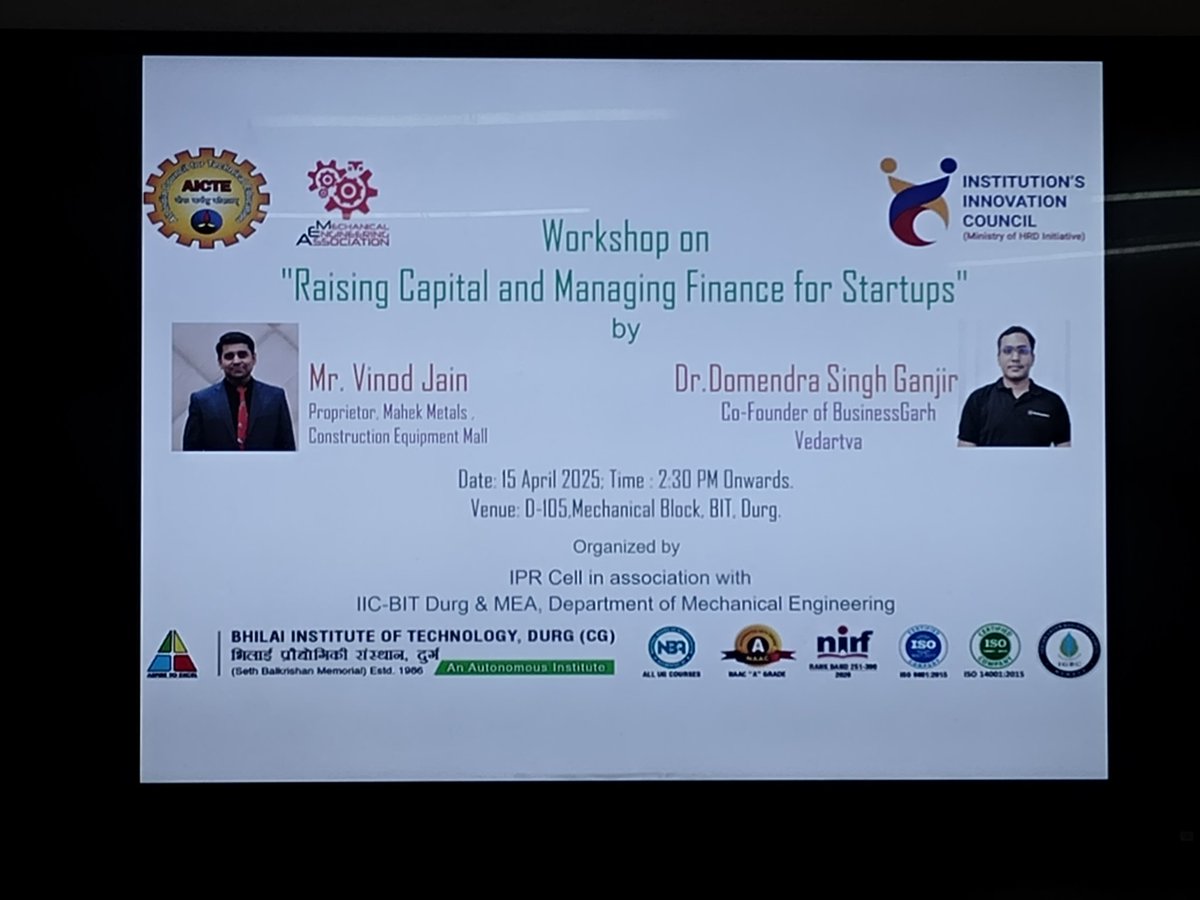 dr_devesh_'s tweet photo. Gained valuable insights on startup finance from industry experts at BIT Durg. Grateful for the opportunity!#StartupFinance #Entrepreneurship #BITDurg #LearningFromExperts #InnovationCouncil @Bitdurgofficial https://t.co/i8jEH78mzy