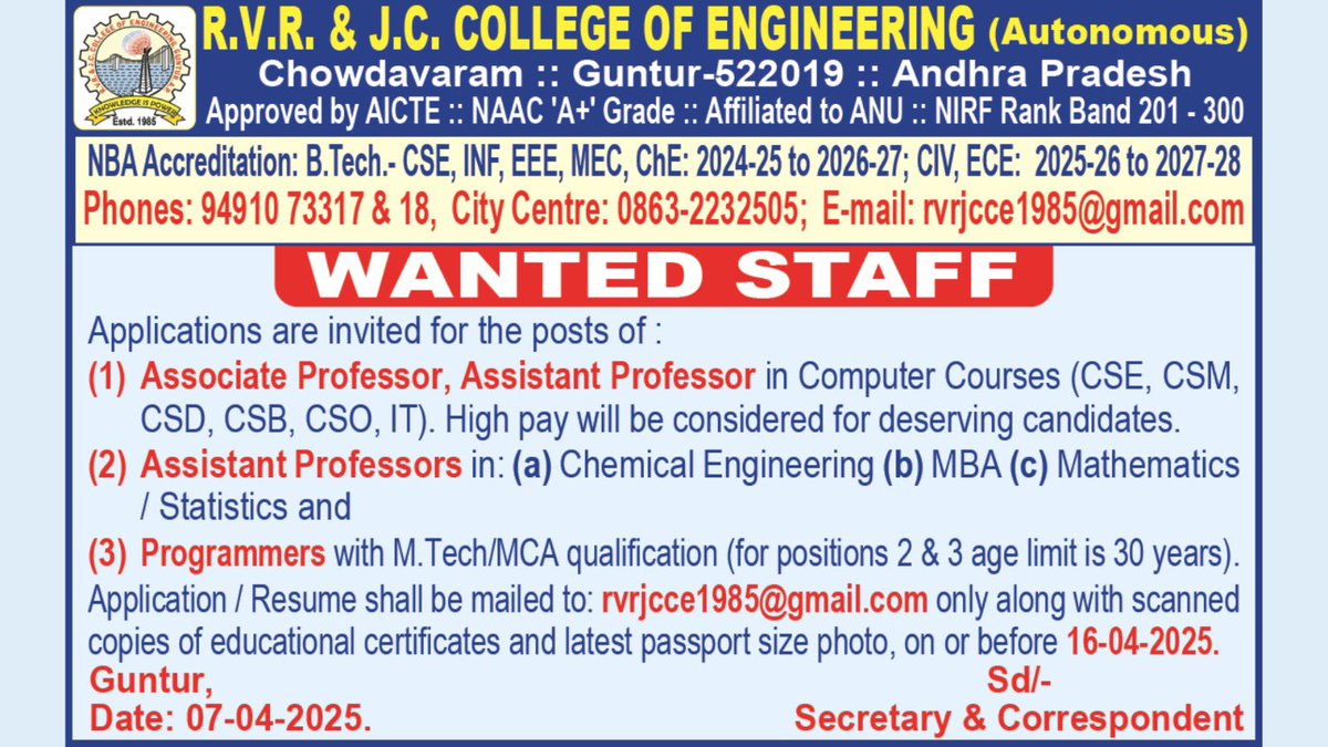 rvrjc_official's tweet image. RVR&amp;amp;JC College of Engineering (A) is hiring passionate and knowledgeable faculty #FacultyRecruitment #EngineeringFaculty #HigherEducation #CareersInAcademia #RVRCJCE #AndhraPradesh #TeachingJobs