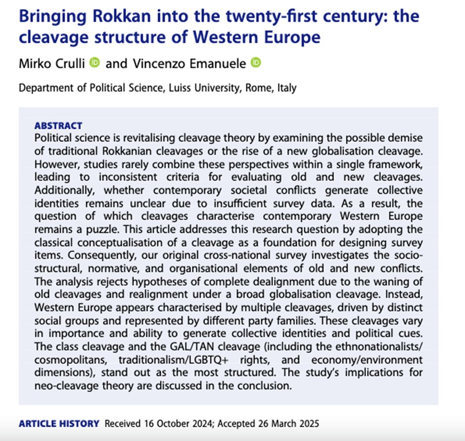Vincenzo Emanuele (@vinceman86) on Twitter photo 🧵 New article out in JEPP (Open Acess)!
With <a href="/CrulliMirko/">Mirko Crulli</a>, I explore the structure of political cleavages in Western Europe — bringing Rokkan’s classic theory into the 21st century.
tandfonline.com/doi/full/10.10…
Here are the main takeaways 👇 🧵 New article out in JEPP (Open Acess)!
With <a href="/CrulliMirko/">Mirko Crulli</a>, I explore the structure of political cleavages in Western Europe — bringing Rokkan’s classic theory into the 21st century.
tandfonline.com/doi/full/10.10…
Here are the main takeaways 👇
