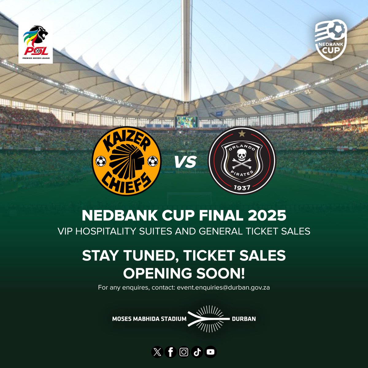 MMStadium's tweet image. &quot;🏟️⚽🔥 The stage is set. The battle for glory begins! 🎟️ Nedbank Cup Final tickets are dropping soon – Are you ready? #NedbankCupFinal #TicketAlert #RoadToGlory #MosesMabhidaStadium