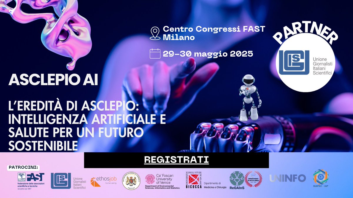 AsclepioAI (@asclepioai) on Twitter photo ๐๏ธ #asclepioai: 10 ๐๐
๐ per Giornalisti!
UGIS-Unione Giornalisti Italiani Scientifici รจ partner partner dellโevento formativo โAsclepio AI Intelligenza artificiale e Salute per un Futuro Sostenibileโ
๐ Centro congressi FAST Milano
๐๏ธ 29-30 maggio 2025
asclepioai.com/agenda/ ๐๏ธ #asclepioai: 10 ๐๐
๐ per Giornalisti!
UGIS-Unione Giornalisti Italiani Scientifici รจ partner partner dellโevento formativo โAsclepio AI Intelligenza artificiale e Salute per un Futuro Sostenibileโ
๐ Centro congressi FAST Milano
๐๏ธ 29-30 maggio 2025
asclepioai.com/agenda/