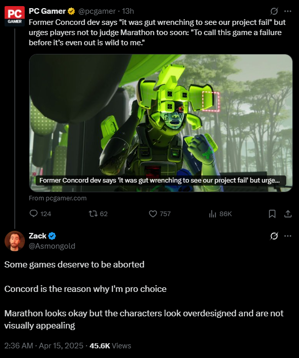 IntelMMO's tweet photo. Asmongold says he thinks "Marathon looks okay but the characters look overdesigned and are not visually appealing" https://t.co/oosH2BeCi2