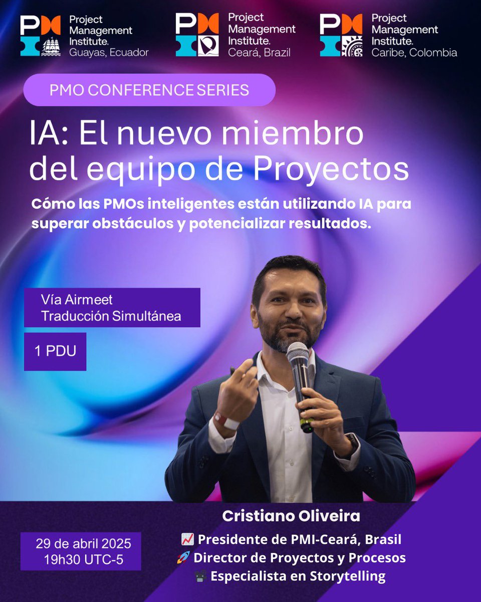 ¿La IA en equipos de proyectos? ¡Sí!
Únete a la charla con Cristiano Oliveira:
“IA: El nuevo miembro del equipo de Proyectos”
29/abril | 19h30 UTC-5 | 1 PDU
Vía Airmeet | Traducción simultánea
#PMO #IA #GestiónDeProyectos #PMI #CristianoOliveira #ProjectManagement