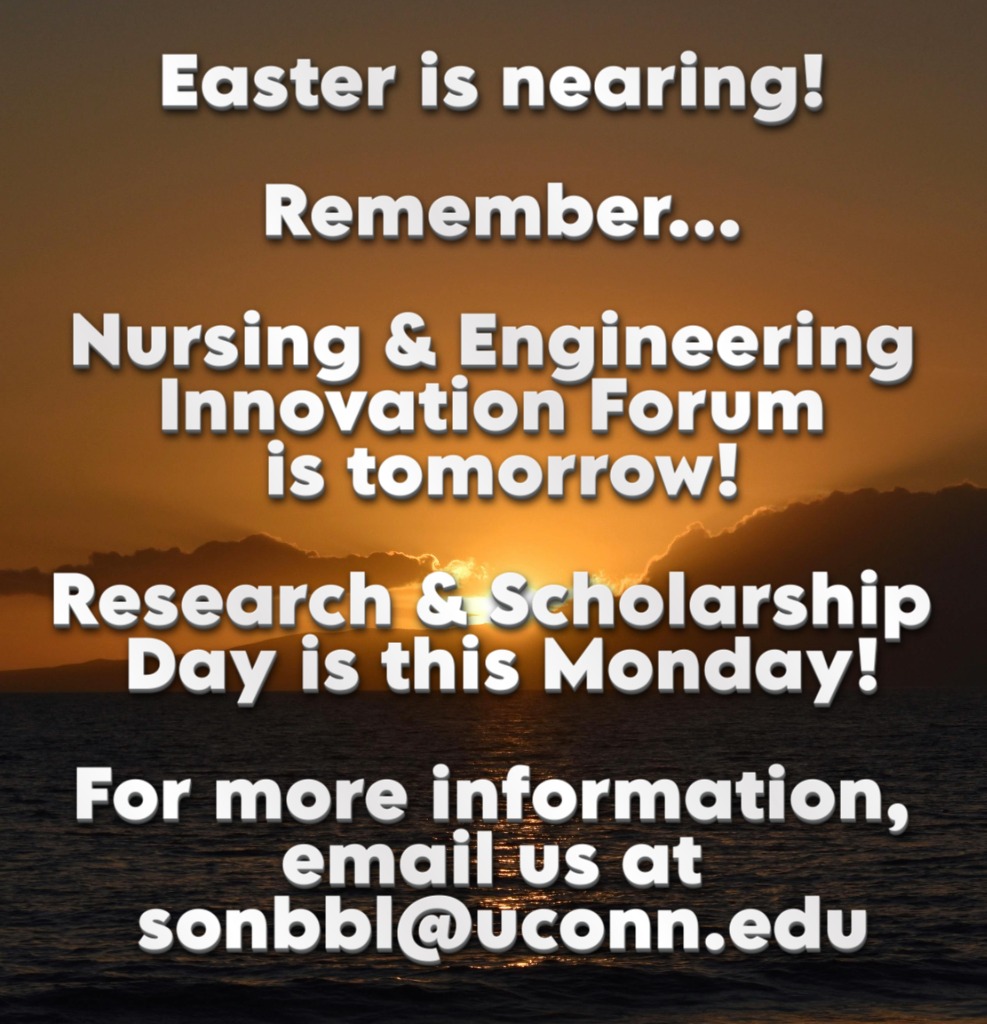 UConnBBL's tweet photo. Remember

Nursing and Engineering Innovation Forum is Wed, 16April2025 from 1230pm-6pm in Rm 317, Innovation Partnership Building
https://t.co/hSgLP2CQDn...

Research and Scholarship Day is Mon, 21April2025 from 10am-230pm in the Wilbur Cross Reading Room
https://t.co/gNxqpY7kuL https://t.co/hYFnEET0GM