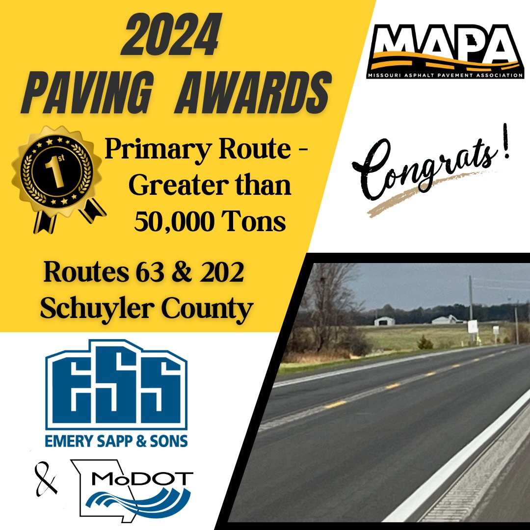 1st Place for the 2024 Quality Paving Award for Primary Route - Greater than 50,000 Tons Category goes to <a href="/ESS_emerysapp/">Emery Sapp & Sons (ESS)</a> and <a href="/MoDOT/">MoDOT</a>. Congratulations!

#asphalt
#mopavingawards