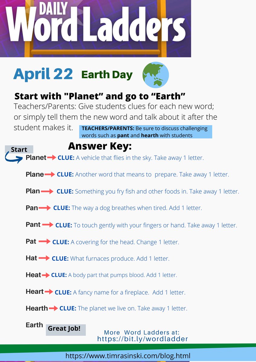 TimRasinski1's tweet image. WORD LADDER WEDNESDAY! 
Here's a Word Ladder to help you and your class celebrate Earth Day (April 22).   I hope you find this resource helpful in developing students’ mastery of and fascination with words.