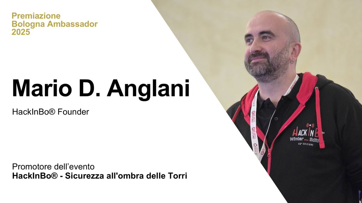 HackInBo® Infosec Security Conference & Training (@hackinbo) on Twitter photo 🚀 HackInBo® mi fa premiare come Bologna Ambassador 2025!
Grazie a <a href="/Bologna_CB/">Bologna Convention Bureau</a> e <a href="/comunebologna/">Comune di Bologna</a> per il riconoscimento. HackInBo® nato "per gioco" nel 2013, ora è un'eccellenza.
Grazie allo #STAFF!
Ci vediamo il 6 e 7 giugno!
#BolognaAmbassador #HackInBo #HiB25 🚀 HackInBo® mi fa premiare come Bologna Ambassador 2025!
Grazie a <a href="/Bologna_CB/">Bologna Convention Bureau</a> e <a href="/comunebologna/">Comune di Bologna</a> per il riconoscimento. HackInBo® nato "per gioco" nel 2013, ora è un'eccellenza.
Grazie allo #STAFF!
Ci vediamo il 6 e 7 giugno!
#BolognaAmbassador #HackInBo #HiB25