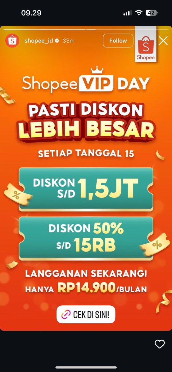 Bakal kalap nih co kalau Langganan ShopeeVIP setiap tanggal 15 ada Diskon s/d 1,5 Juta dan Diskon 50% s/d 15 Ribu #ShopeeVIPDay