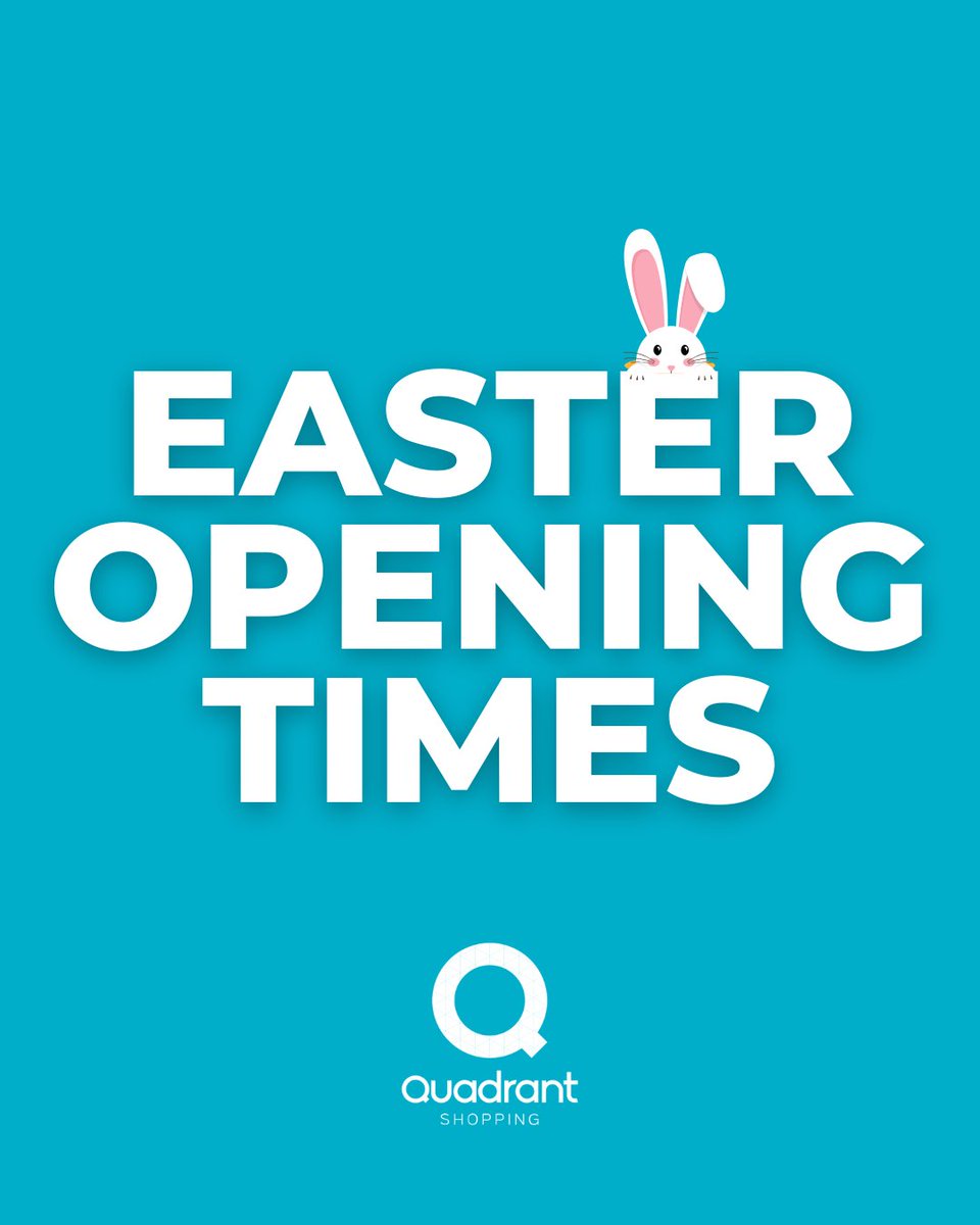 Heading to the Quadrant this Easter? 🐰

Our centre opening times will remain as normal on Friday 18th and Saturday 19th April. We will be closed on Sunday 20th April, and will be open from 10:30am - 5pm on Monday 21st April.

Please note, individual retailer times will vary.