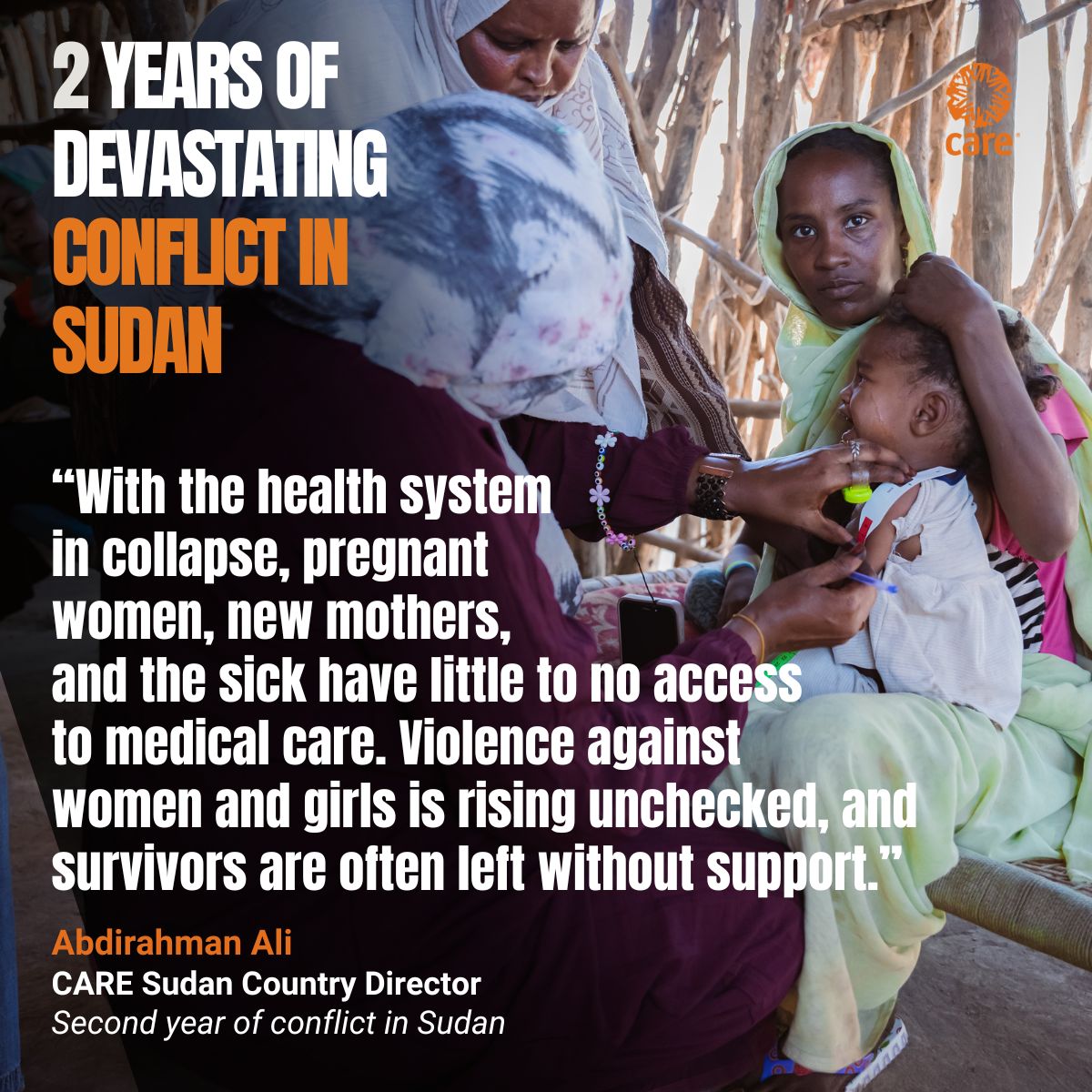 2 years into #Sudan's war: a historic humanitarian crisis. 12M+ displaced. 30M need aid. #Women &amp; #girls face brutal violence. The world’s inaction has cost lives. We demand a #ceasefire and full access for aid workers—NOW!