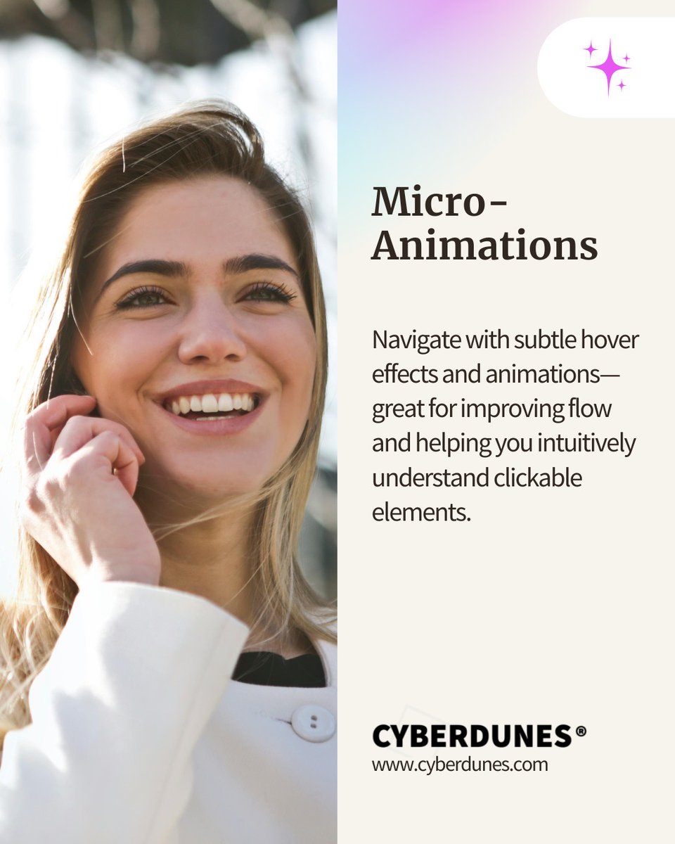 cyberdunes's tweet photo. Micro-animations = small moves, big impact.

They guide, delight, and enhance UX without saying a word. In 2025, users expect smooth, intuitive interactions—not clunky clicks.

#MicroAnimations #UXDesign #WebDesign #InteractionDesign https://t.co/BSLvgvlNj0