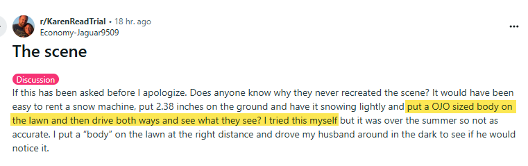 sdpj131313's tweet image. Another &quot;scientific&quot; experiment by FKR that once again backfires. Lay a body on the lawn, lie to your husband to see if he sees said body (he didn&apos;t) and it wasn&apos;t even snowing. Its funny what people don&apos;t see when they&apos;re not looking. Yup, this is Free Karen Read.