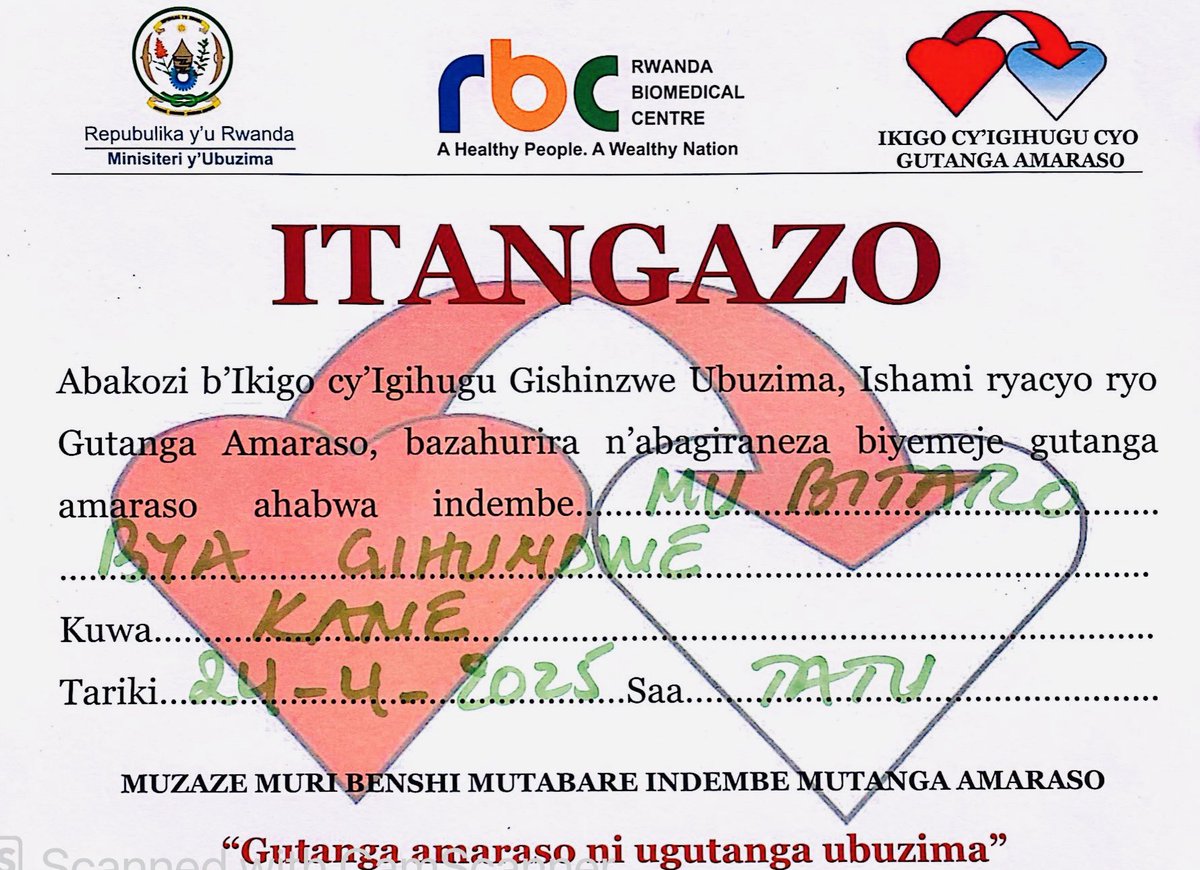 Gihundwe District Hospital (@gihundweh) on Twitter photo Buri wese ufite umutima n'ubushake bwo
gufasha abarembye arashishikarizwa kuzagana <a href="/GihundweH/">Gihundwe District Hospital</a> akifatanya n'abandi bazaba barigutanga amaraso ahabwa indembe ziyakeneye. Ni igikorwa kizaba ku wa Kane, 24/04/2025 mu bitaro bya Gihundwe.
Gutanga amaraso ni ugutanga ubuzima. Buri wese ufite umutima n'ubushake bwo
gufasha abarembye arashishikarizwa kuzagana <a href="/GihundweH/">Gihundwe District Hospital</a> akifatanya n'abandi bazaba barigutanga amaraso ahabwa indembe ziyakeneye. Ni igikorwa kizaba ku wa Kane, 24/04/2025 mu bitaro bya Gihundwe.
Gutanga amaraso ni ugutanga ubuzima.